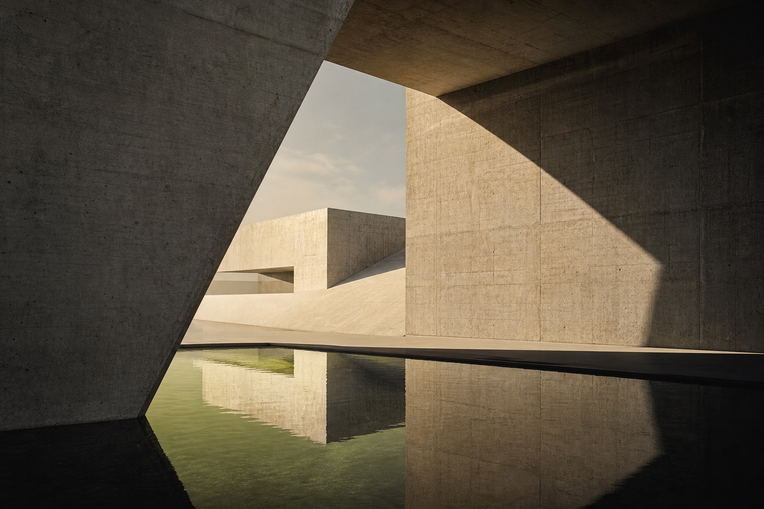 Arquitectura brutalista y espejo de agua para un portafolio conceptual